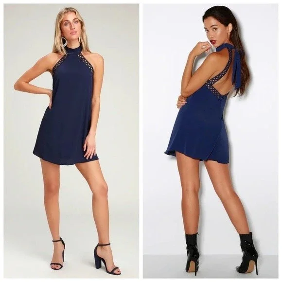 Lulus Dress Any Sway Shape Form Open Back Halter Shift Mini Dress Navy Blue XS - Picture 2 of 7